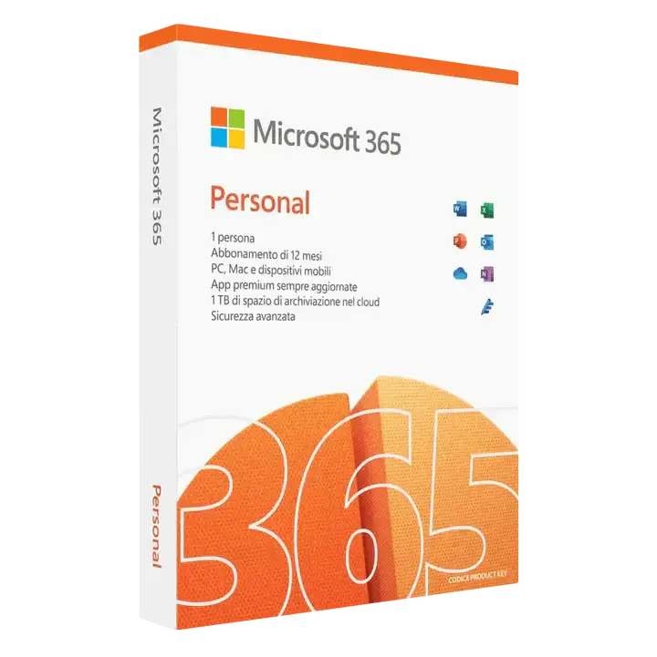 Angled white and orange Microsoft 365 Personal box with a textured 365 graphic.